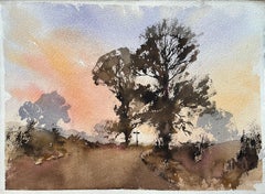 British Impressionist Watercolor of Crossroads Bathed in the Warm, Fading Light