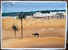 British Impressionist Watercolor of Desert Landscape with Palm Trees and Figures