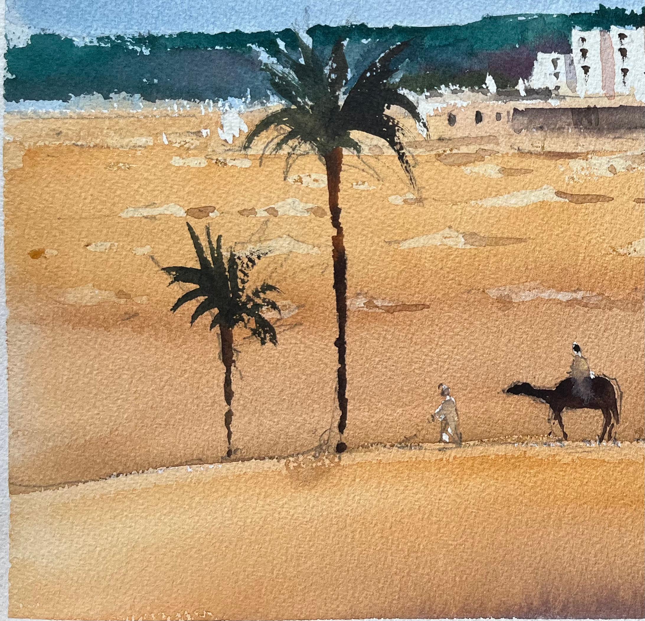 Titel: Britischer Impressionist - Aquarell einer Wüstenlandschaft mit Palmen und Figuren
Von Anthony Avery (Brite 1946-2023)
Original-Aquarell auf Künstlerpapier, ungerahmt
Abmessungen: 11,25 x 15,25 Zoll (Höhe x Breite)
Zustand: Gut, mit leichten