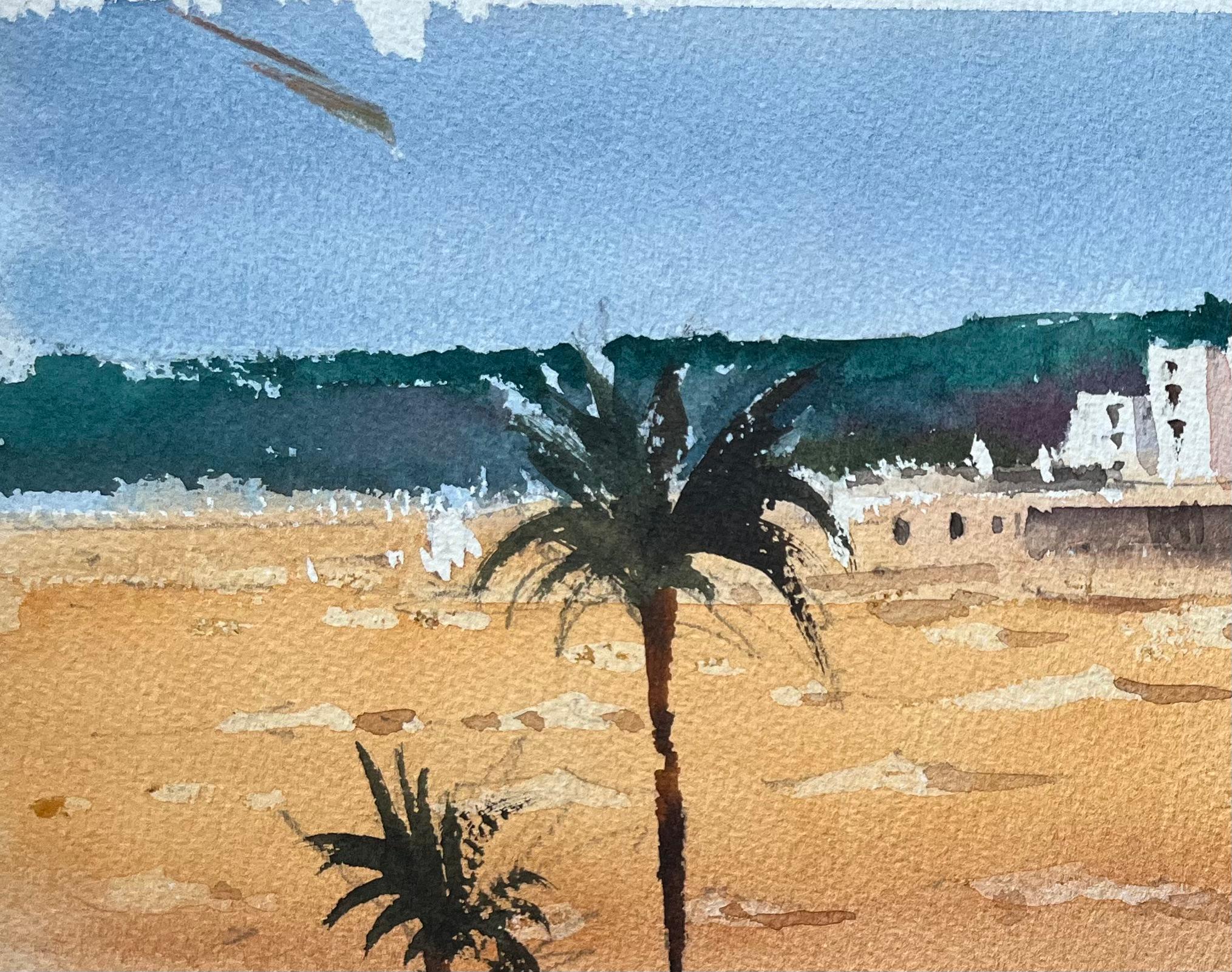 Britisches impressionistisches Aquarell der Wüstenlandschaft mit Palmenbäumen und Figuren im Angebot 1
