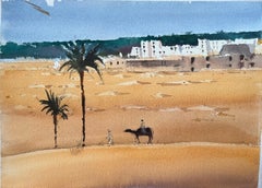 British Impressionist Watercolor of Desert Landscape with Palm Trees and Figures