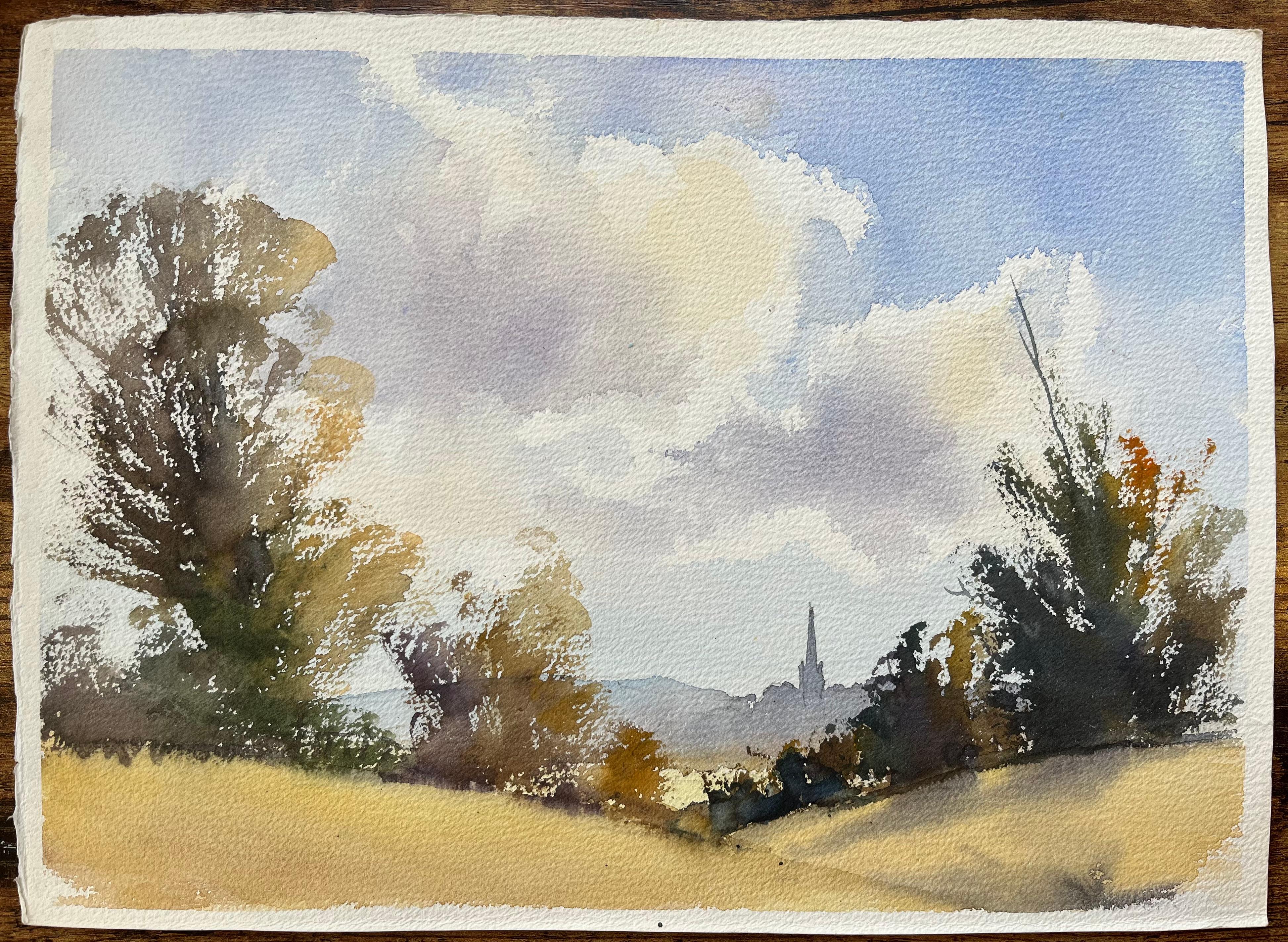 Aquarelle impressionniste britannique représentant une spirale d'une distance sous un ciel étendu - Painting de Anthony Avery