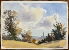 British Impressionist Watercolor of Distant Spire Under Expansive Sky