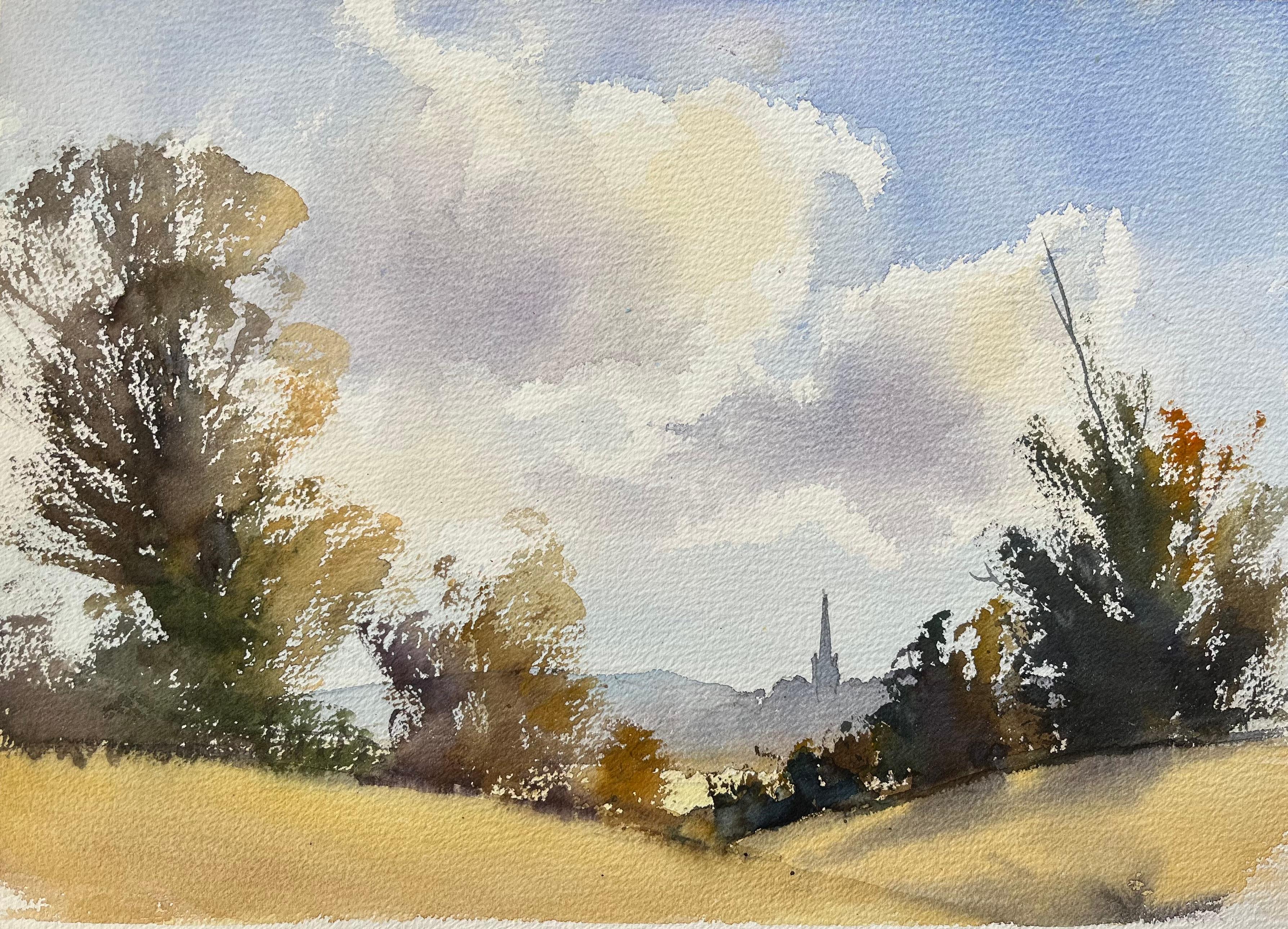Landscape Painting Anthony Avery - Aquarelle impressionniste britannique représentant une spirale d'une distance sous un ciel étendu