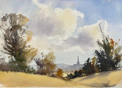 Britisches impressionistisches Aquarell aus der Ferne Spire unter Expansive Sky, Distanzschleife