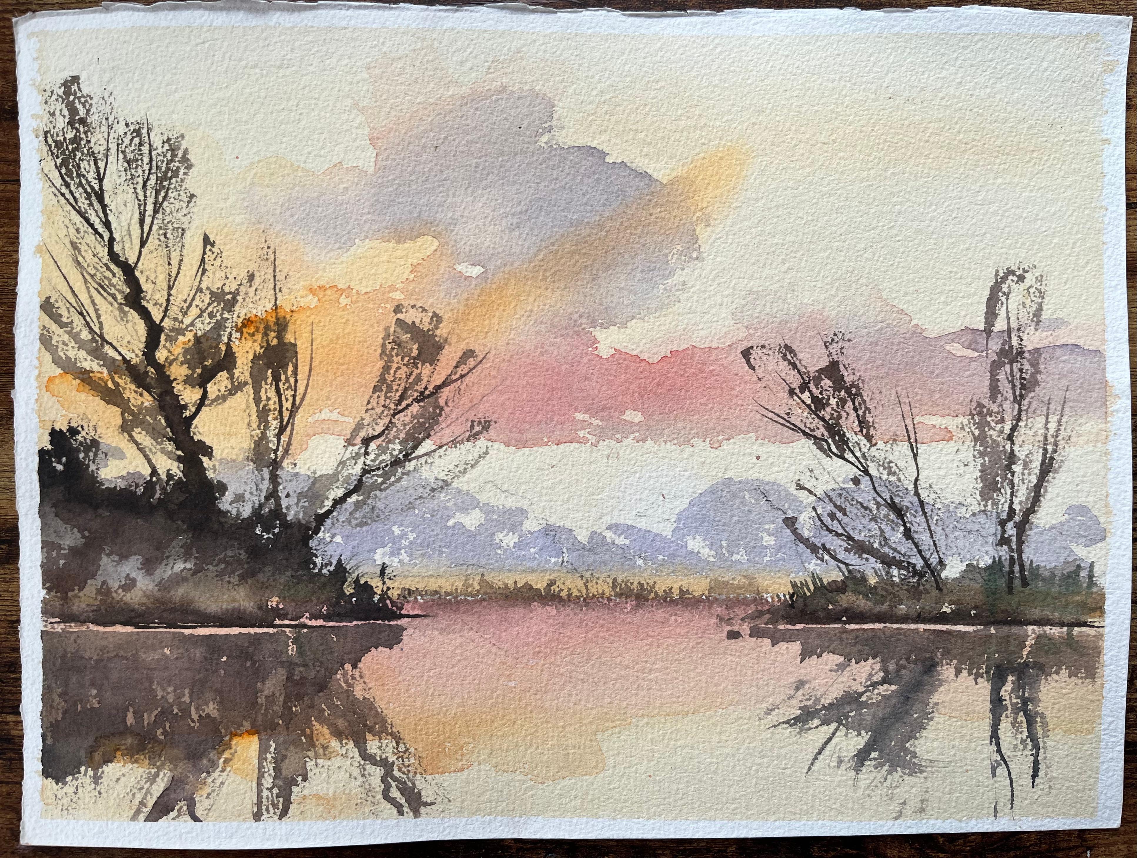 Acquerello impressionista britannico con riflessi crepuscolari su un lago tranquillo - Painting di Anthony Avery