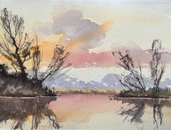 Britischer Impressionist Aquarell von düsteren Reflexionen auf einem ruhigen See