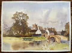British Impressionist Watercolor of English Village Landscape with Stone Bridge