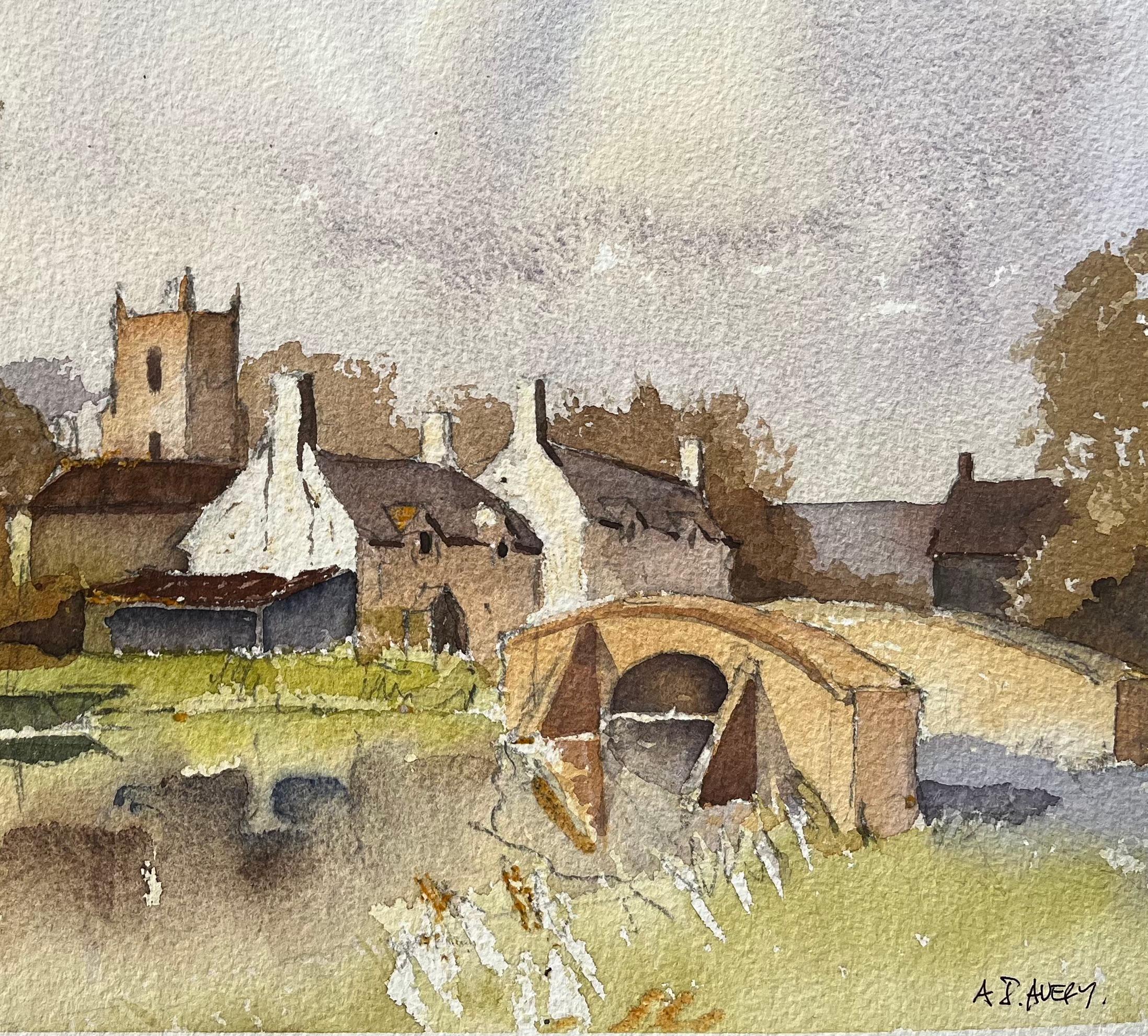 British Impressionist Watercolor of English Village Landscape with Stone Bridge - Beige Landscape Painting by Anthony Avery