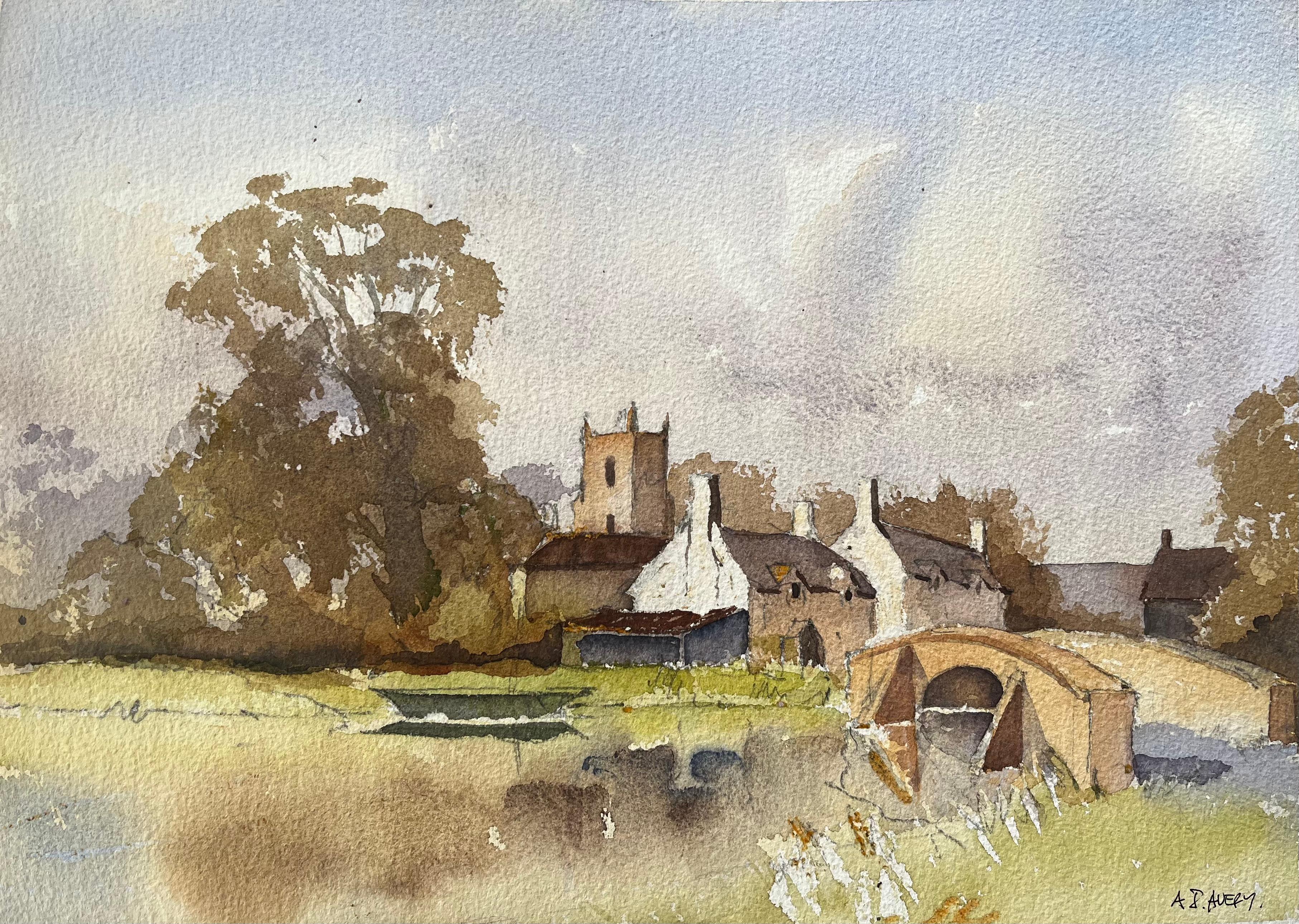 Aquarelle impressionniste britannique d'un paysage de village anglais avec pont en pierre