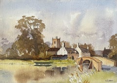 British Impressionist Watercolor of English Village Landscape with Stone Bridge