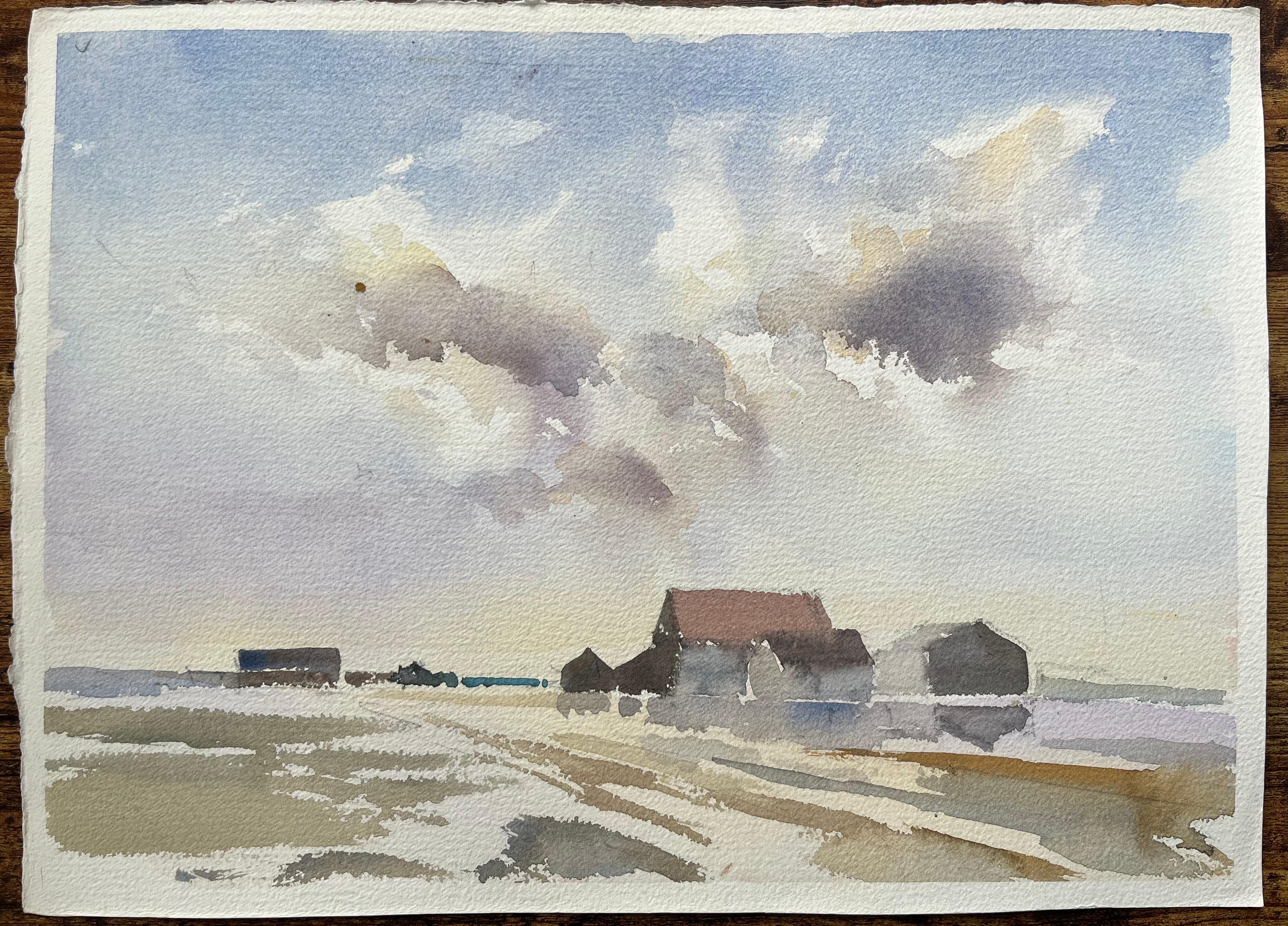 Acuarela impresionista británica de granja bajo un vasto cielo - Landscape Painting Gris de Anthony Avery