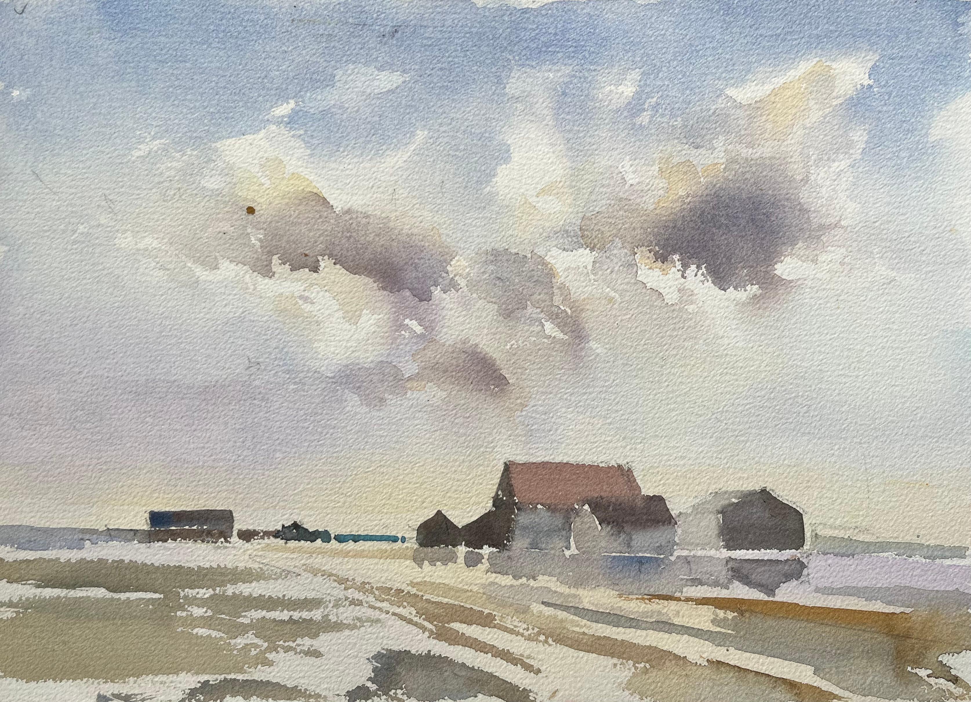 Landscape Painting de Anthony Avery - Acuarela impresionista británica de granja bajo un vasto cielo