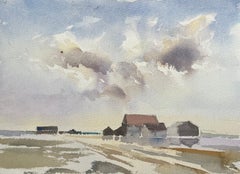 Britischer Impressionist Aquarell von Gehöft unter einem weiten Himmel