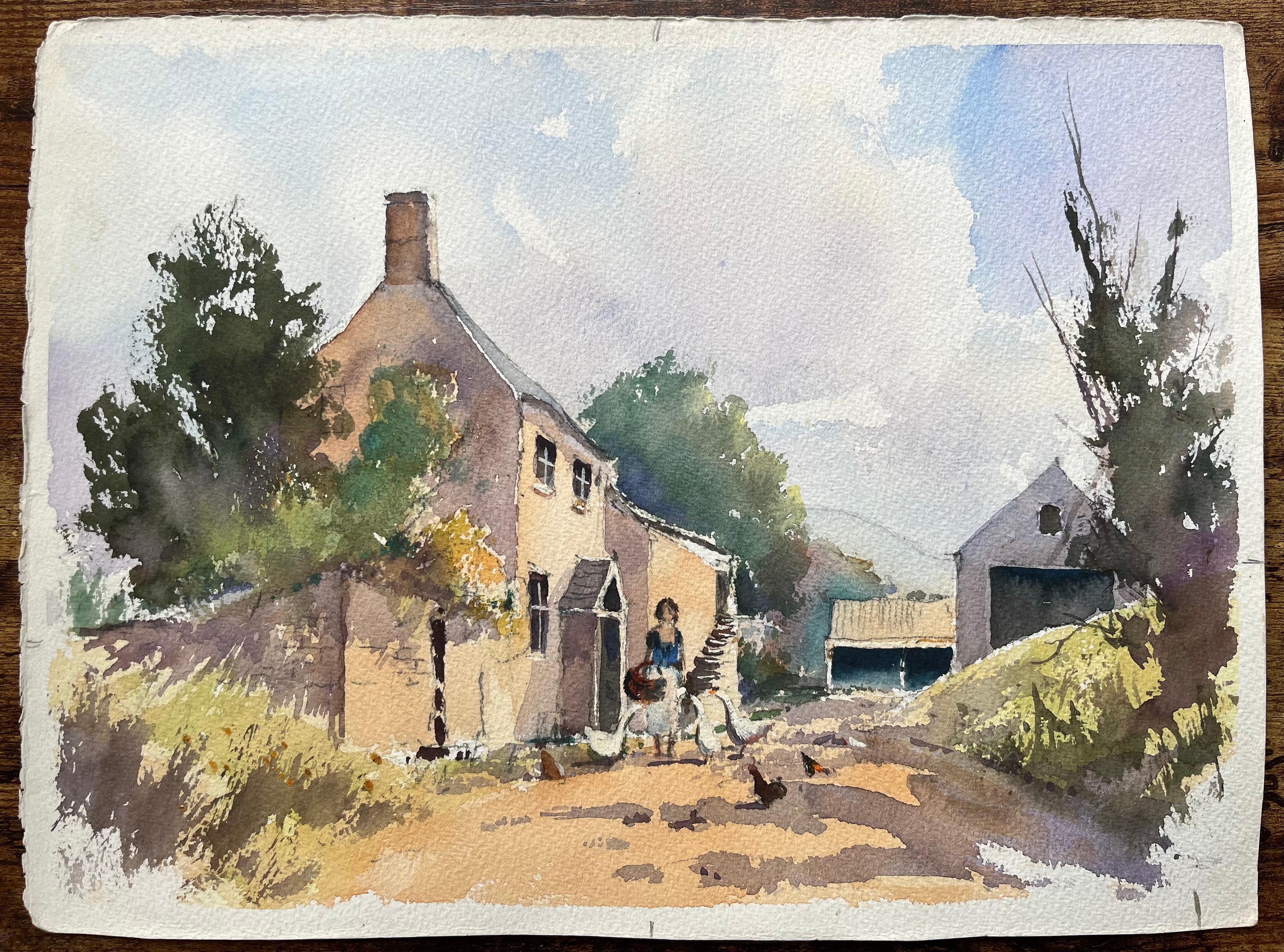Britischer Impressionist Aquarell von Bauernhof Szene der Figur Fütterung Vögel – Painting von Anthony Avery