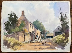 Aquarelle impressionniste britannique d'une scène de ferme représentant une figure nourrissant des oiseaux