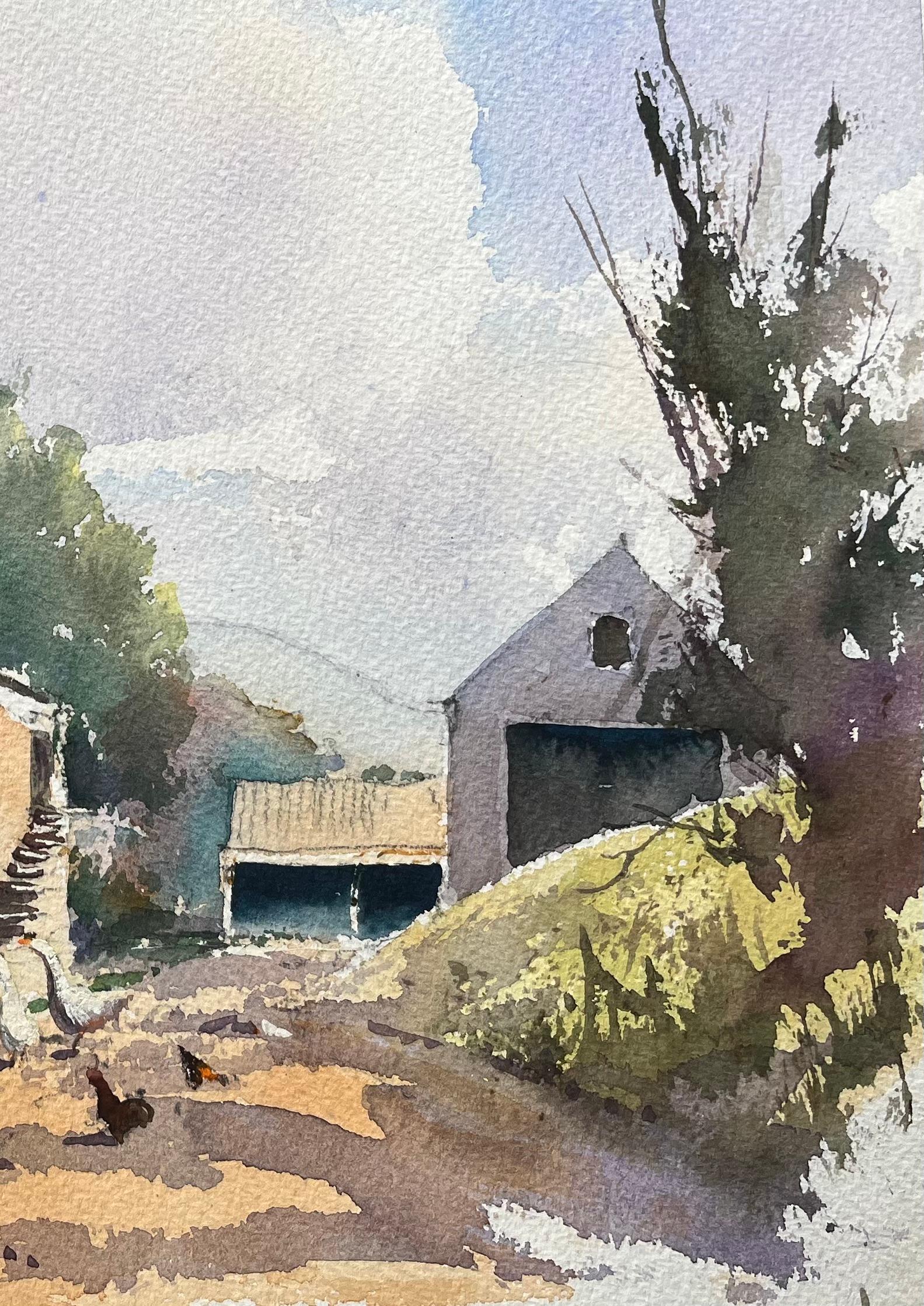 Britischer Impressionist Aquarell von Bauernhof Szene der Figur Fütterung Vögel (Impressionismus), Painting, von Anthony Avery