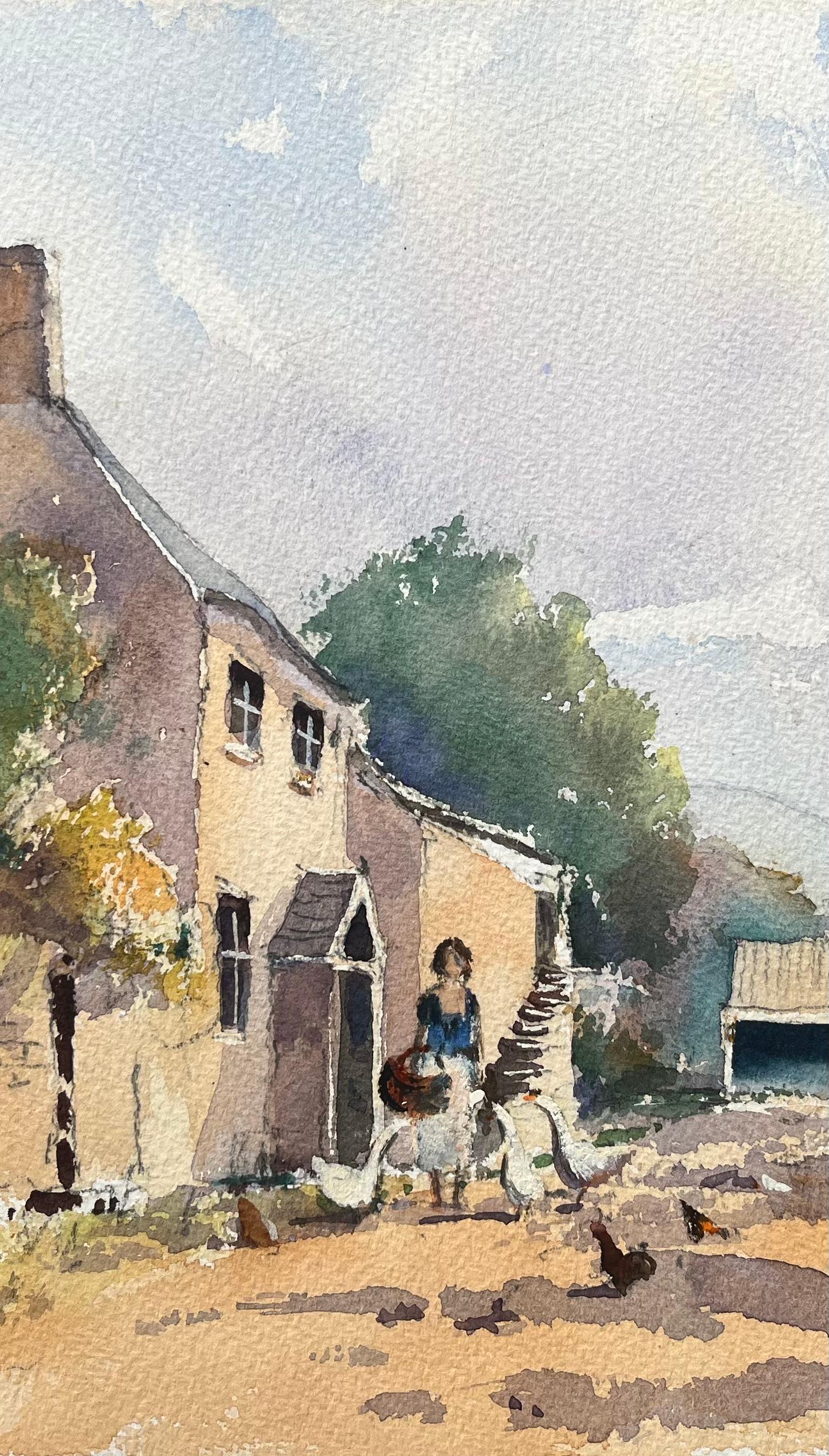 Britischer Impressionist Aquarell von Bauernhof Szene der Figur Fütterung Vögel (Beige), Landscape Painting, von Anthony Avery