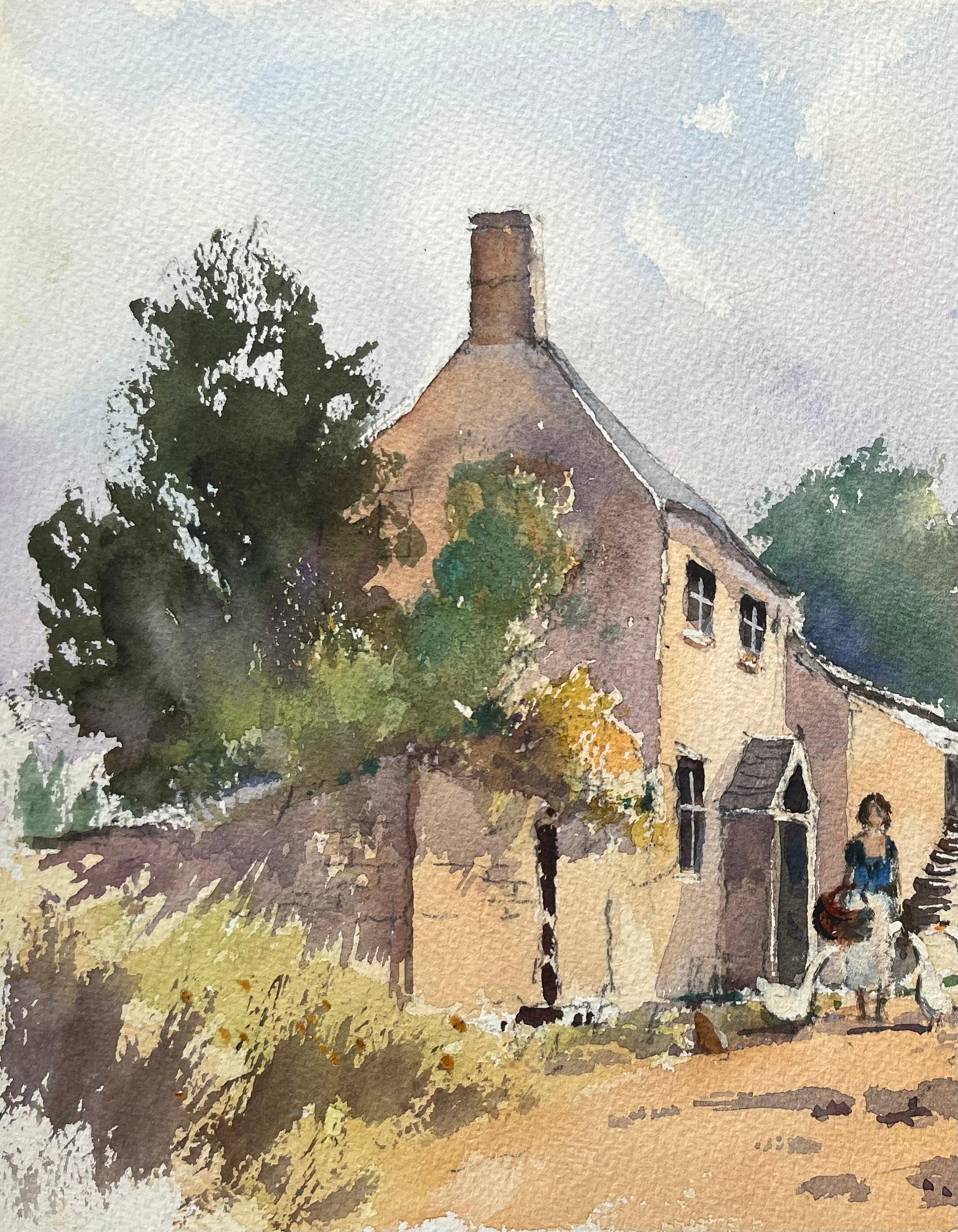 Titel: Britischer Impressionist Aquarell von Bauernhof Szene der Figur Fütterung Vögel
von Anthony Avery (Brite 1946-2023)
Original-Aquarell auf Künstlerpapier, ungerahmt
Abmessungen: 11,25 x 15 Zoll (Höhe x Breite)
Zustand: Gut, mit leichten
