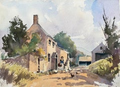 British Impressionist Watercolor of Farmyard Scene of Figure Feeding Birds