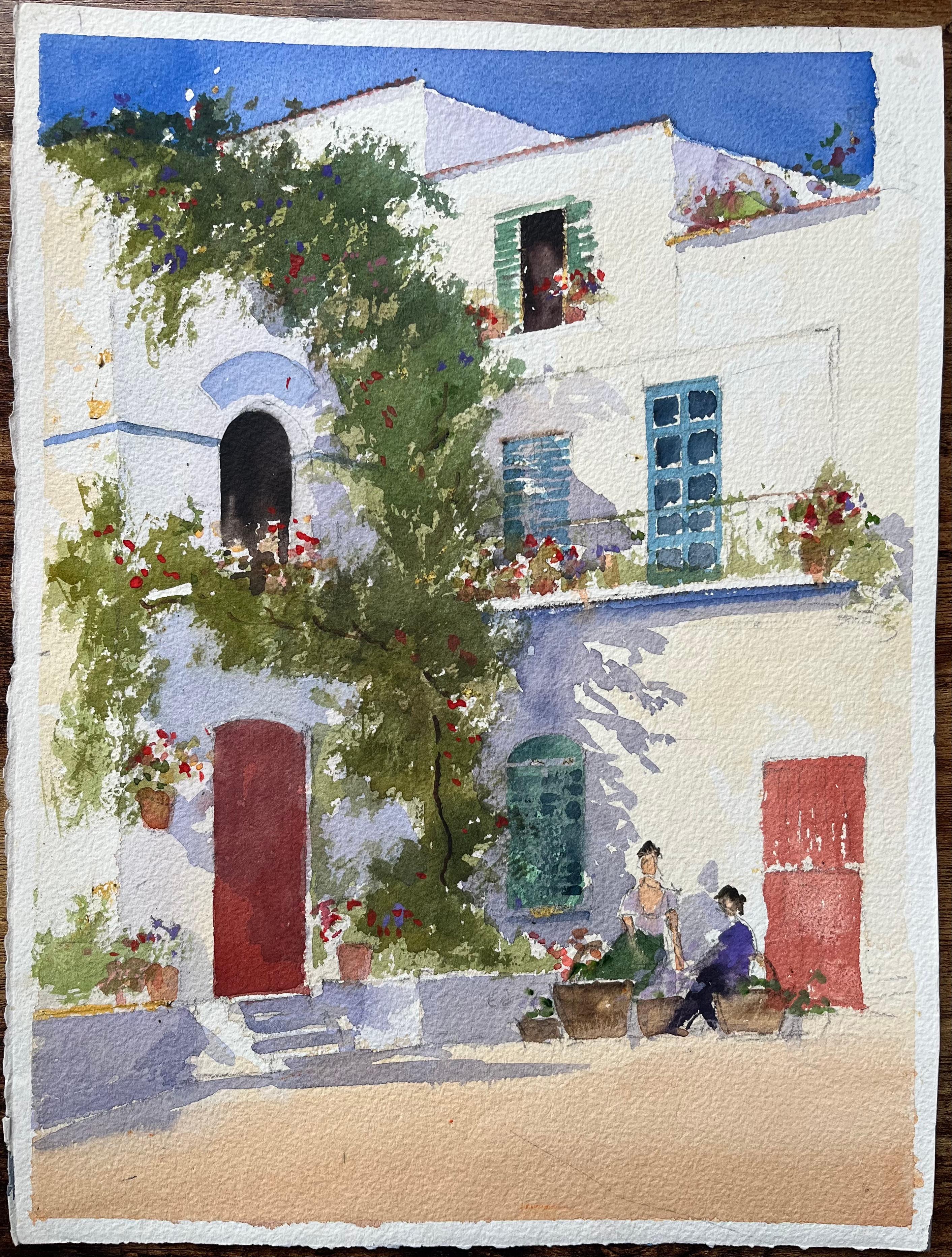 Aquarelle impressionniste britannique représentant des personnages dans une cour méditerranéenne éclairée par le soleil - Painting de Anthony Avery