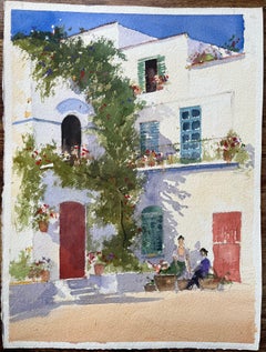 British Impressionist Watercolor of Figures in Sunlit Mediterranean Courtyard