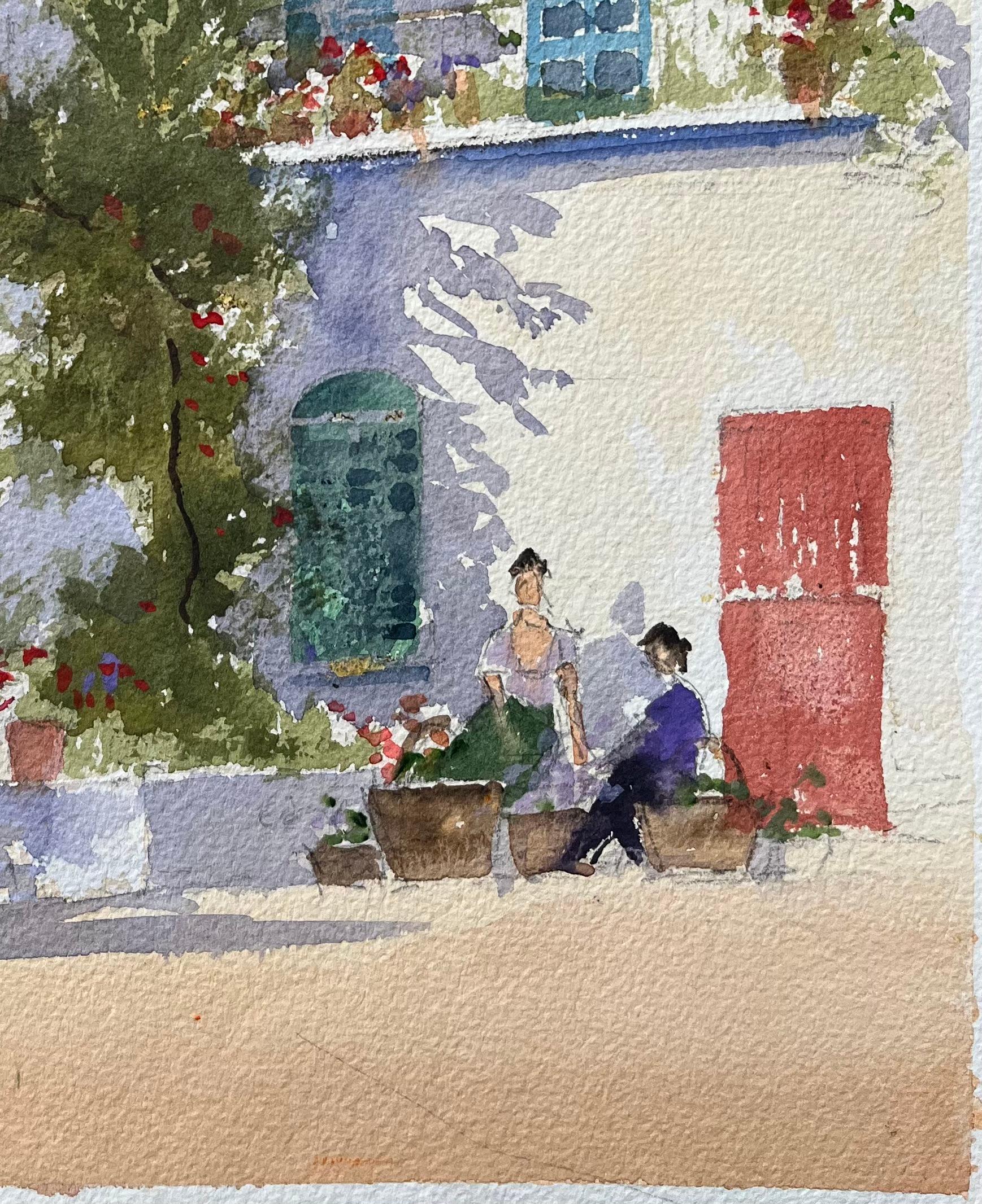 Aquarelle impressionniste britannique représentant des personnages dans une cour méditerranéenne éclairée par le soleil - Impressionnisme Painting par Anthony Avery