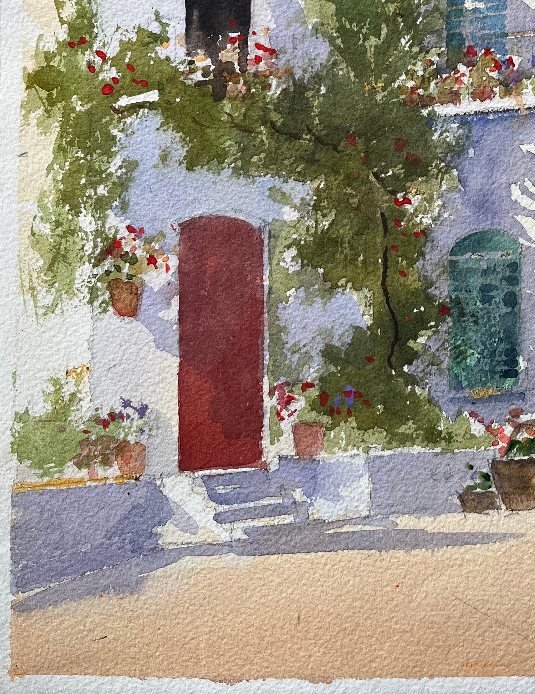 Aquarelle impressionniste britannique représentant des personnages dans une cour méditerranéenne éclairée par le soleil - Gris Landscape Painting par Anthony Avery