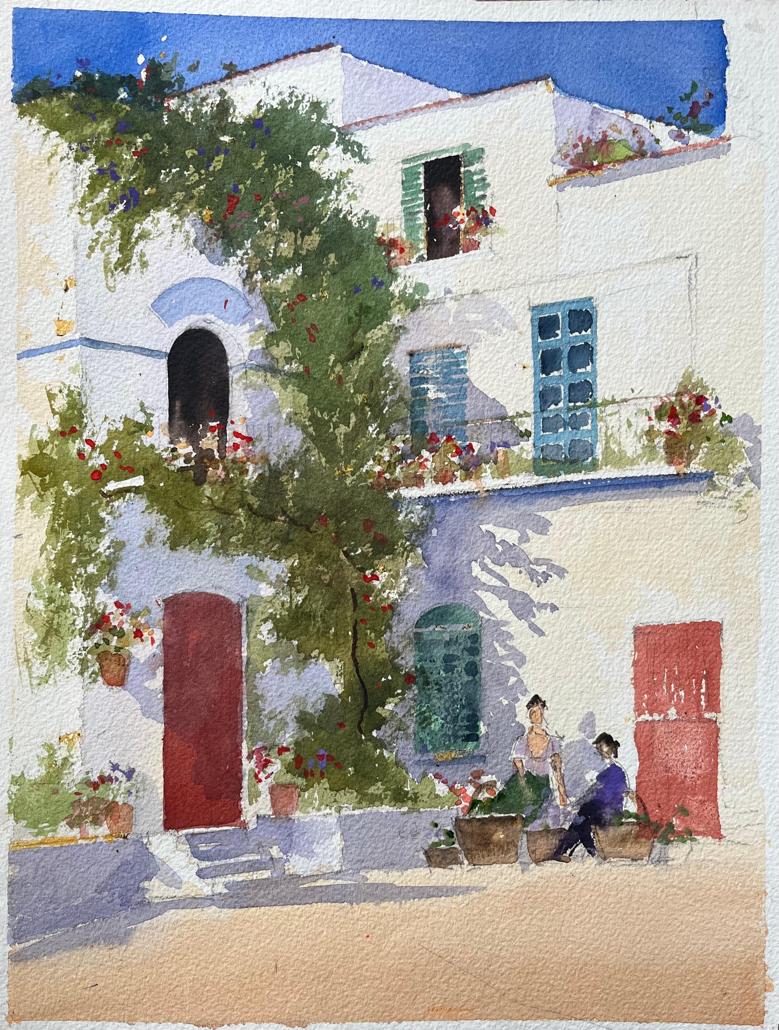 Britisches impressionistisches Aquarell mit Figuren in sonnenbeschienenem mediterranem Garten