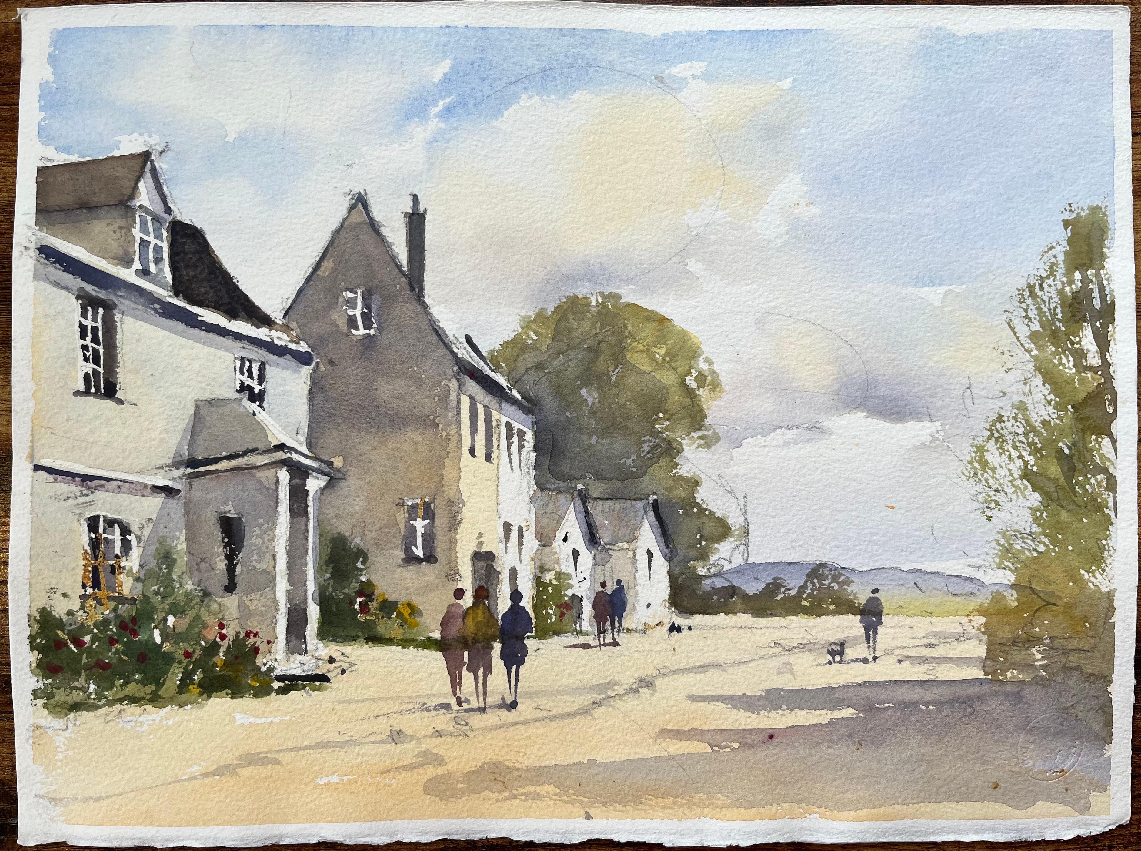 Acuarela Impresionista Británica de Figuras Paseando por la Calle de un Pueblo - Painting de Anthony Avery