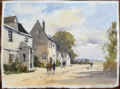 British Impressionist Watercolor of Figures Taking a Village Street Stroll