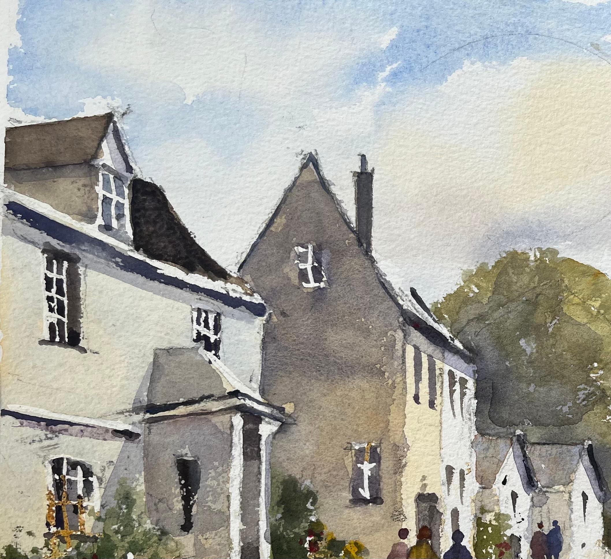 Acuarela Impresionista Británica de Figuras Paseando por la Calle de un Pueblo - Landscape Painting Gris de Anthony Avery