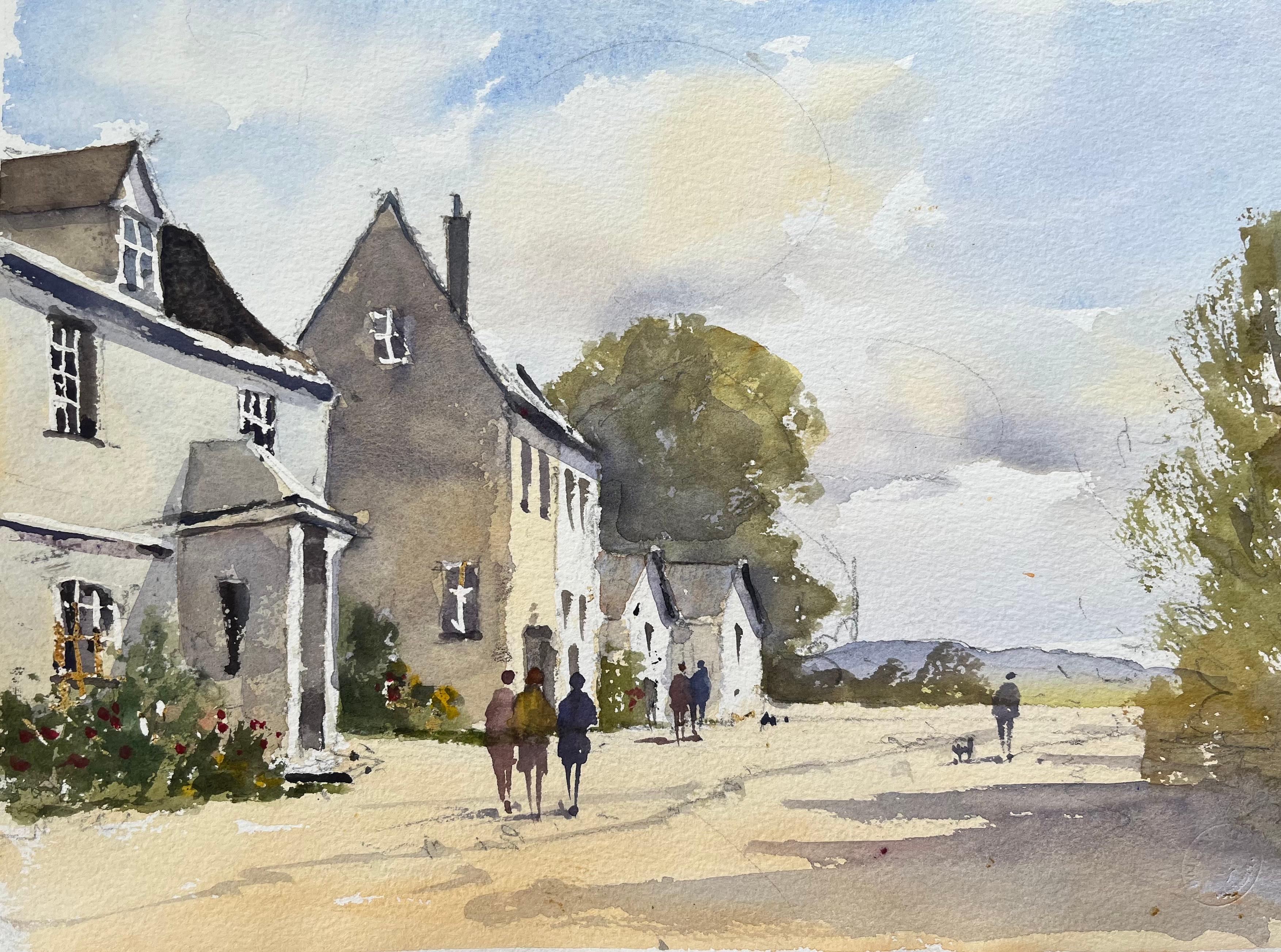 Landscape Painting de Anthony Avery - Acuarela Impresionista Británica de Figuras Paseando por la Calle de un Pueblo
