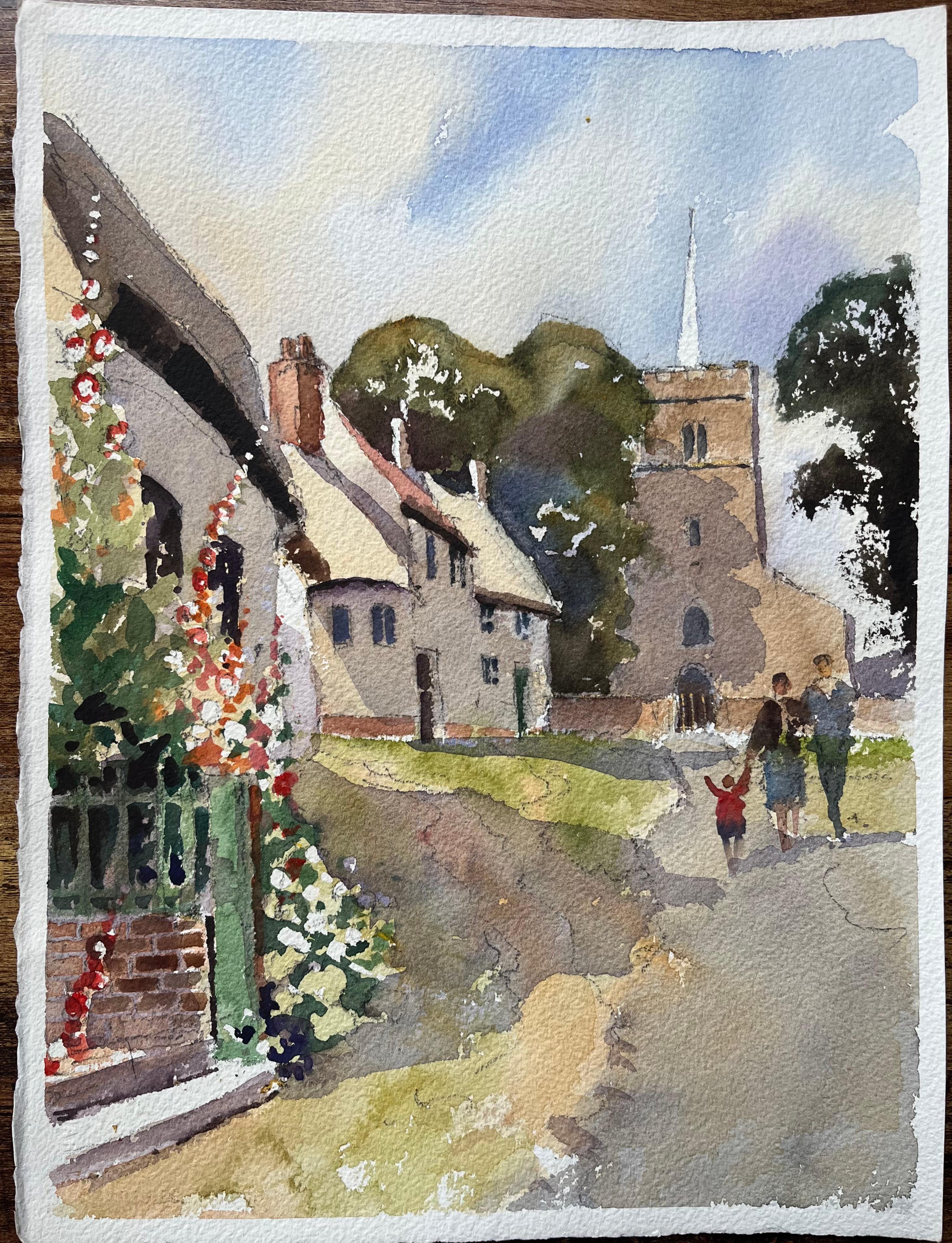 British Impressionist Watercolor of Figures Walking up Village Pathway to Church - Painting by Anthony Avery