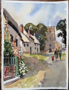 Britisches impressionistisches Aquarell mit Figuren, die auf dem Dorfweg zur Kirche