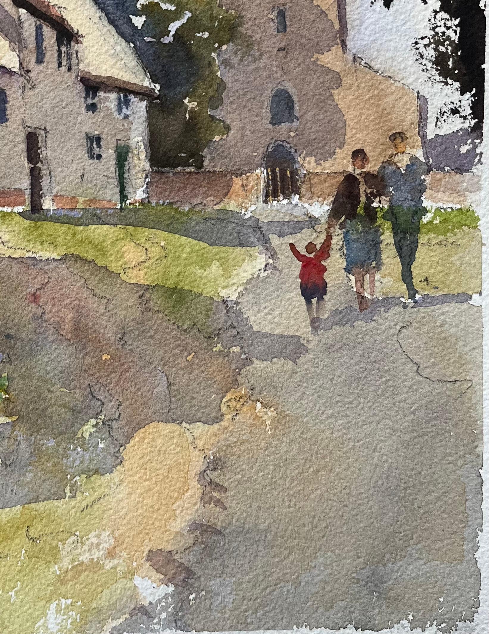British Impressionist Watercolor of Figures Walking up Village Pathway to Church - Gray Landscape Painting by Anthony Avery