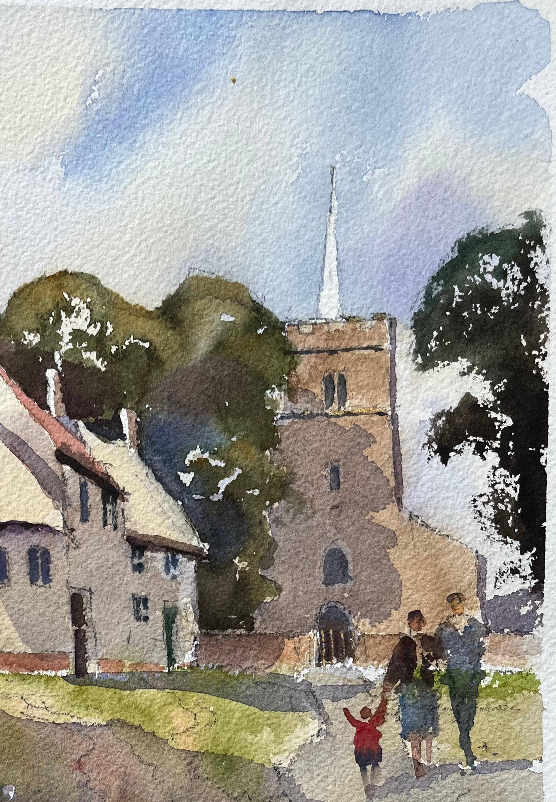 British Impressionist Watercolor of Figures Walking up Village Pathway to Church For Sale 2