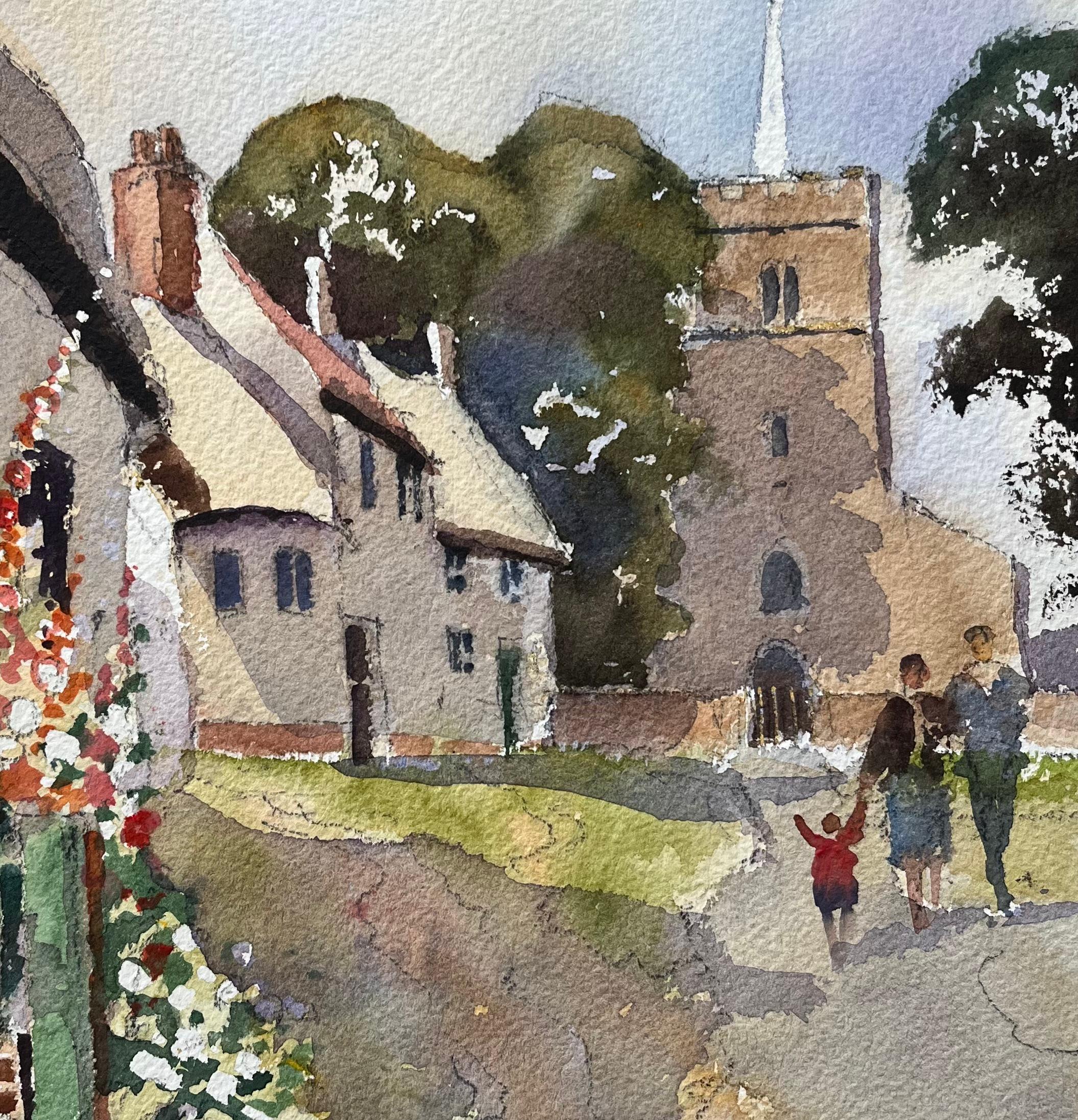 British Impressionist Watercolor of Figures Walking up Village Pathway to Church For Sale 3