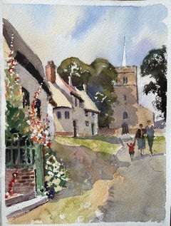 Britisches impressionistisches Aquarell mit Figuren, die auf dem Dorfweg zur Kirche