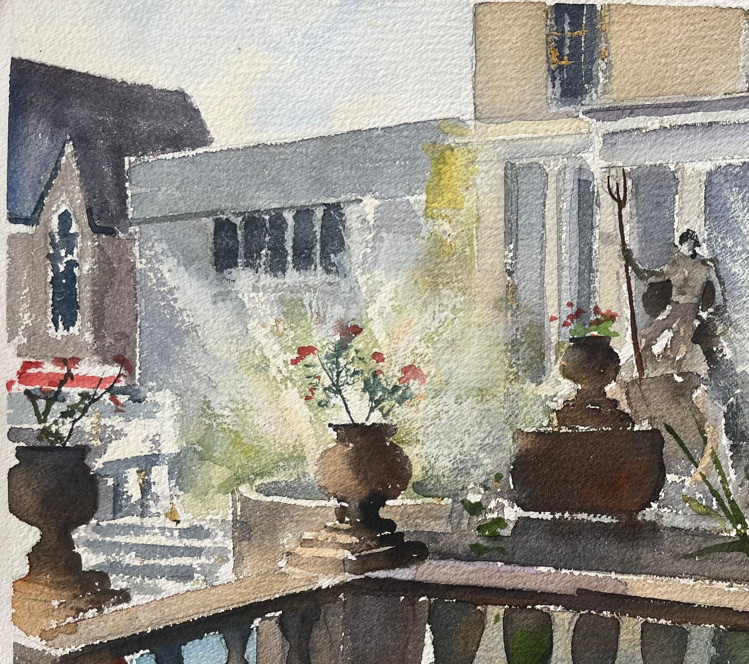 Acuarela impresionista británica de terraza ajardinada con estatua clásica - Painting de Anthony Avery