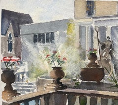 Britisches impressionistisches Aquarell eines GartenTerrassens mit klassischer Statue, British Impressionist