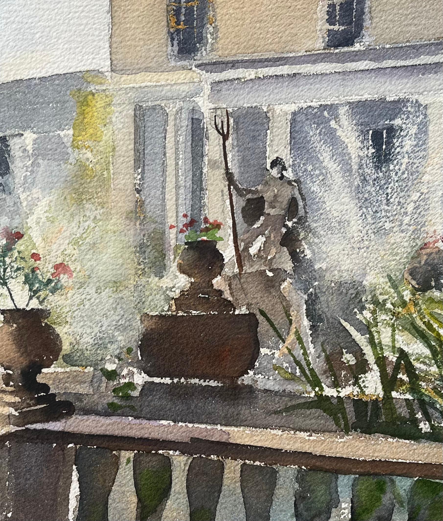 Acuarela impresionista británica de terraza ajardinada con estatua clásica - Landscape Painting Gris de Anthony Avery