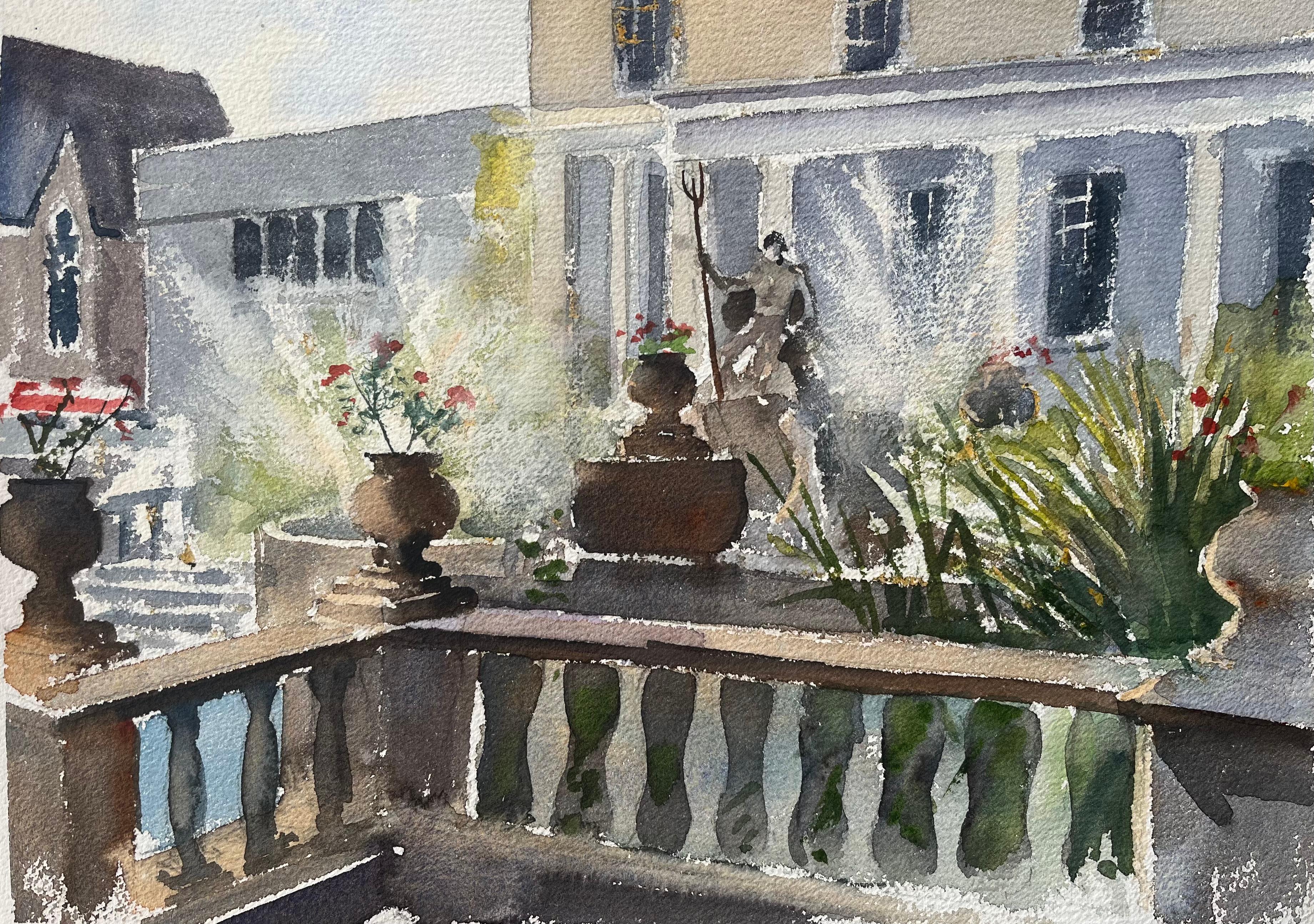 Landscape Painting de Anthony Avery - Acuarela impresionista británica de terraza ajardinada con estatua clásica