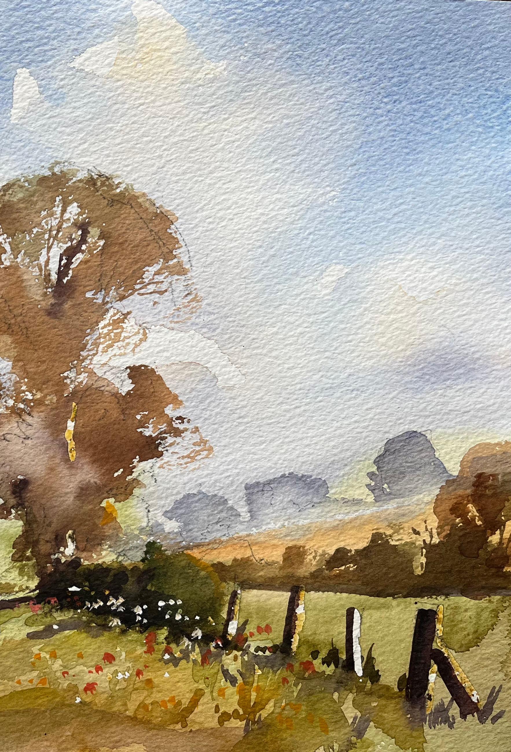 Acquerello impressionista britannico di oche che attraversano una tranquilla stradina di campagna - Painting di Anthony Avery