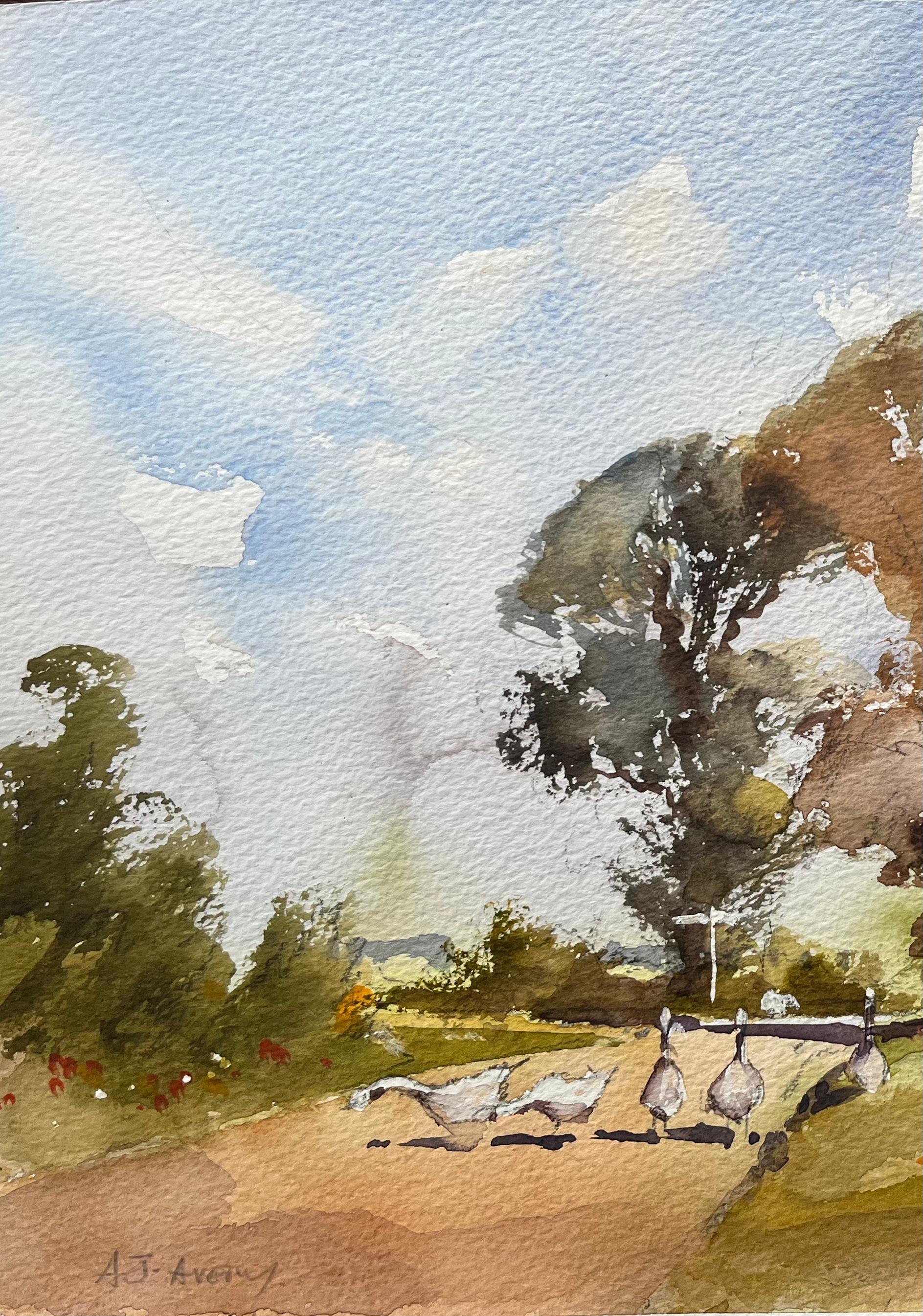 Acquerello impressionista britannico di oche che attraversano una tranquilla stradina di campagna - Painting Impressionismo di Anthony Avery