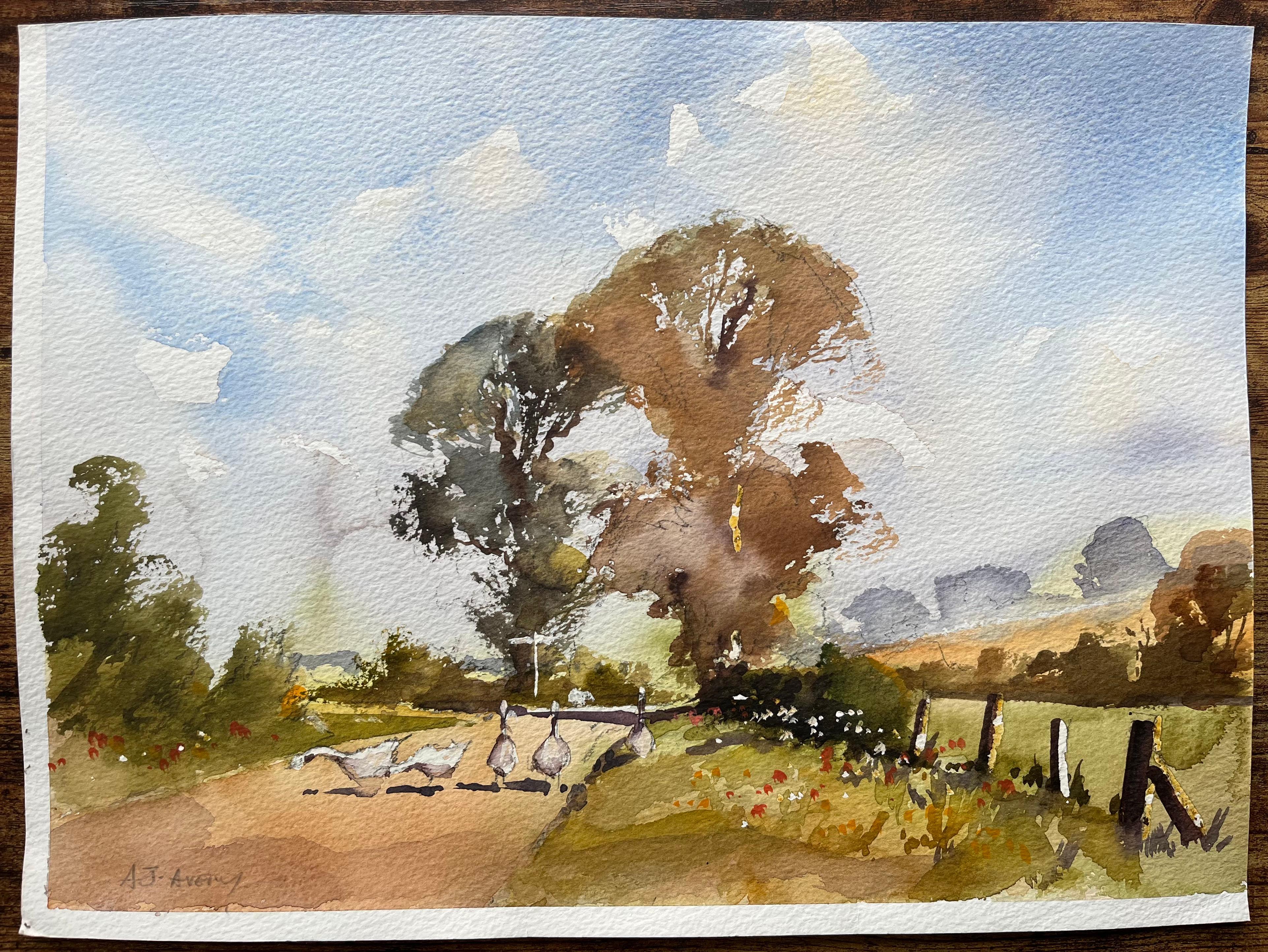 Acquerello impressionista britannico di oche che attraversano una tranquilla stradina di campagna - Landscape Painting Grigio di Anthony Avery