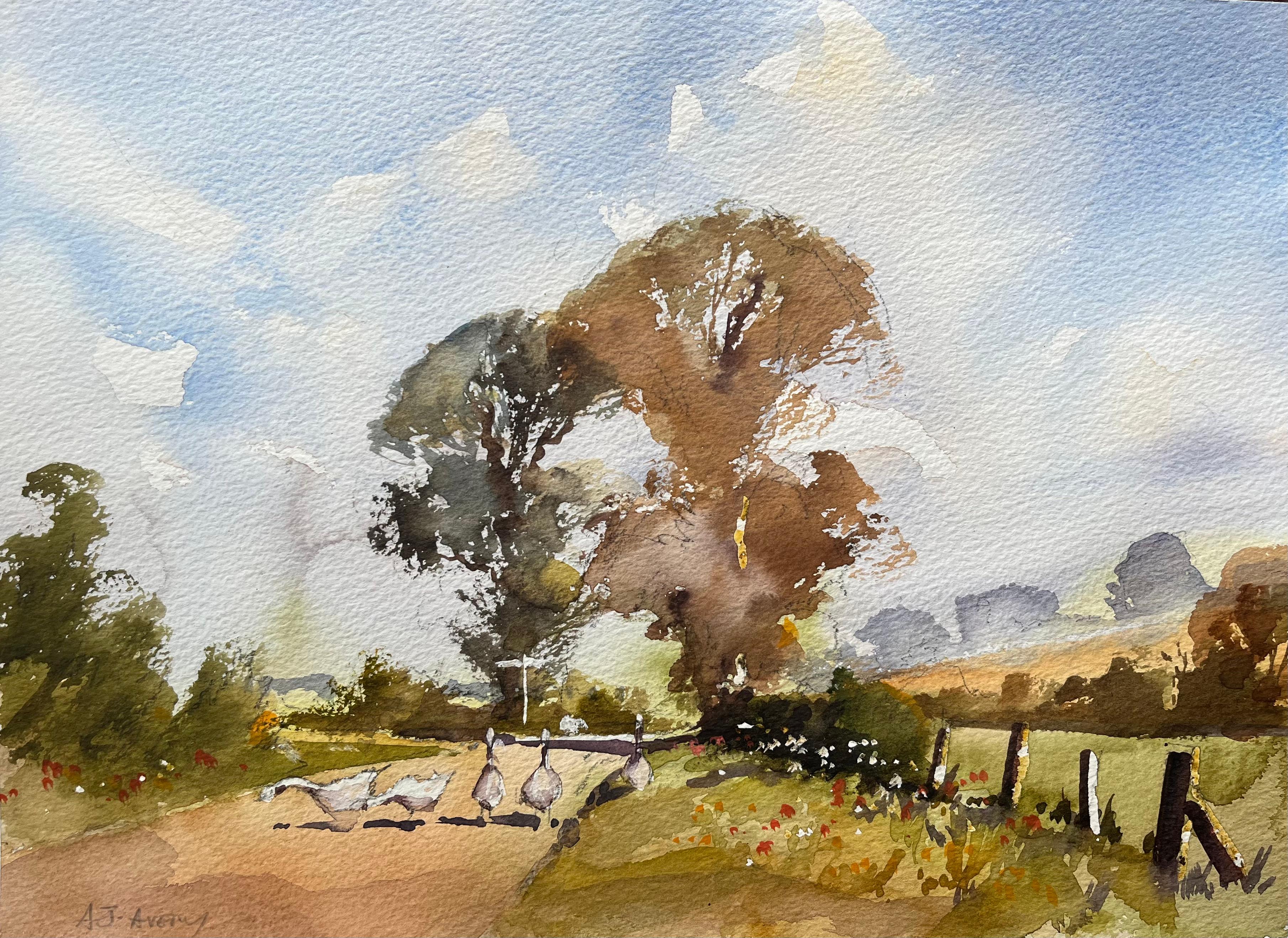 Landscape Painting di Anthony Avery - Acquerello impressionista britannico di oche che attraversano una tranquilla stradina di campagna