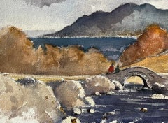 British Impressionist Watercolor of Highland Landscape, Stone Bridge and River