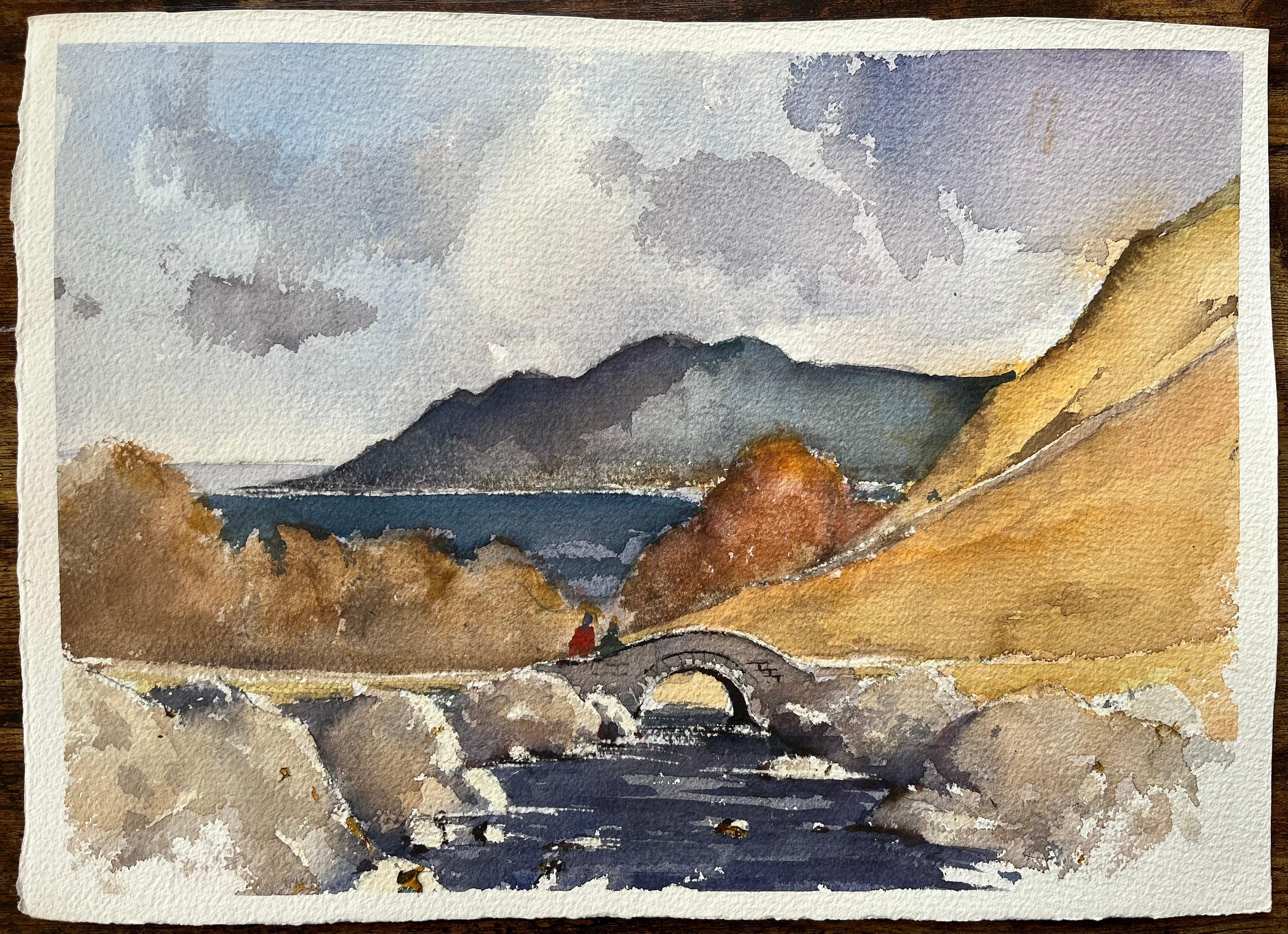 Britisches impressionistisches Aquarell der Highland-Landschaft, Steinbrücke und Fluss (Impressionismus), Painting, von Anthony Avery
