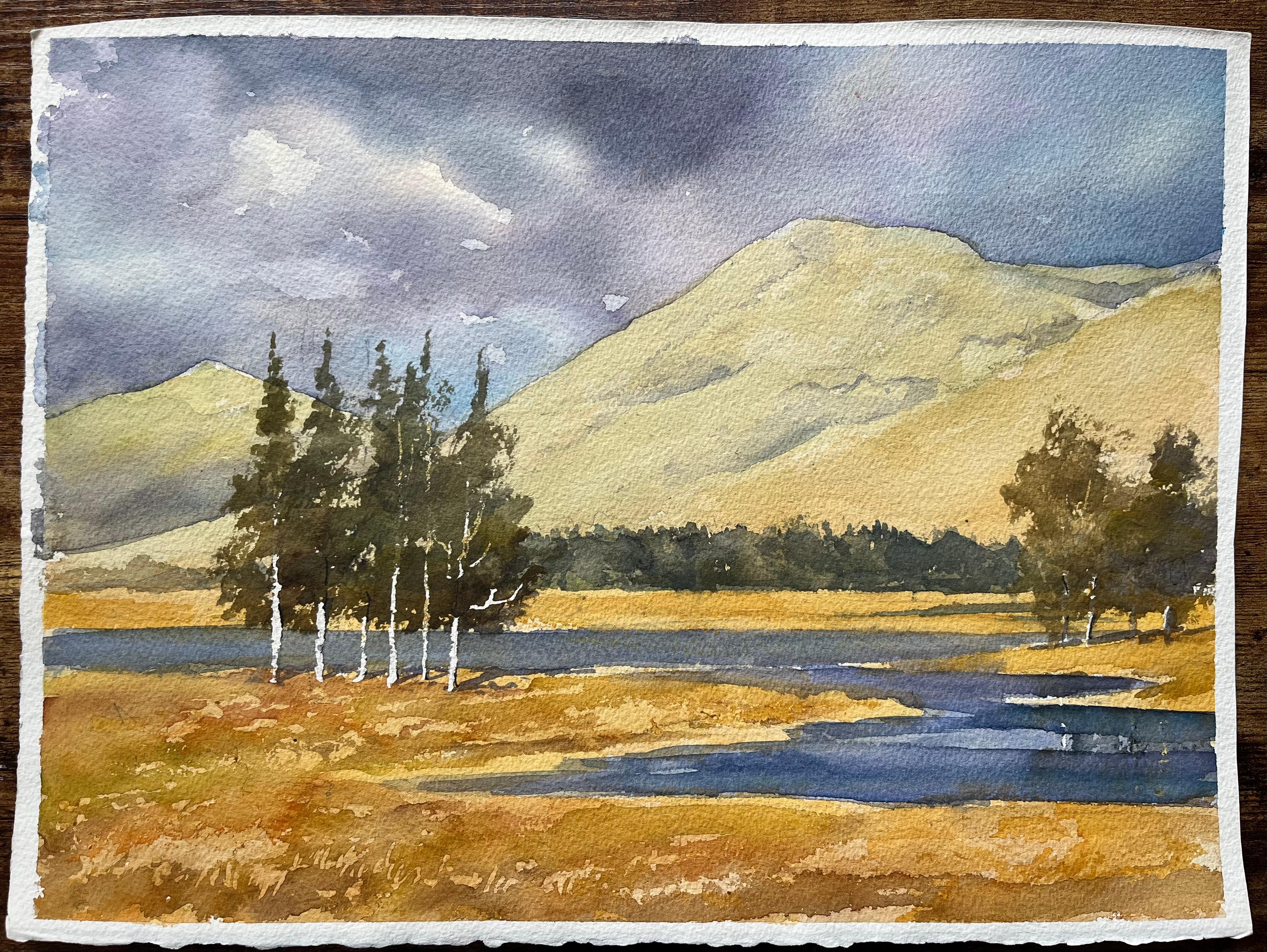 Acuarela impresionista británica de paisaje montañoso con árboles y río - Painting de Anthony Avery